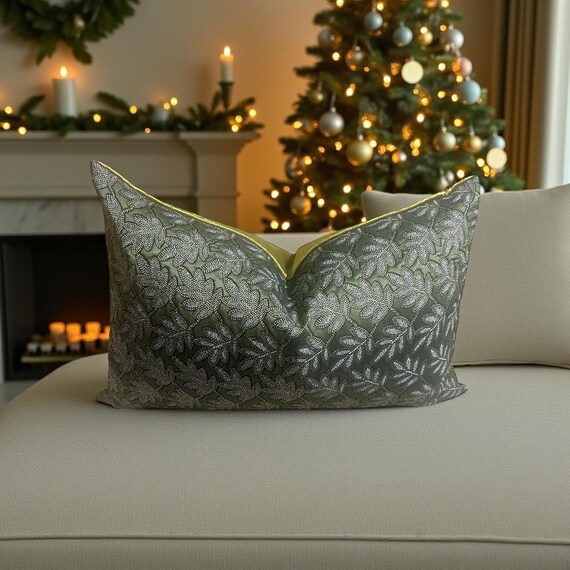 Luxury Christmas Green Velvet Pillow Cover: French Bay Leaf Jacquard, Lurex Detail (17” x 27”)