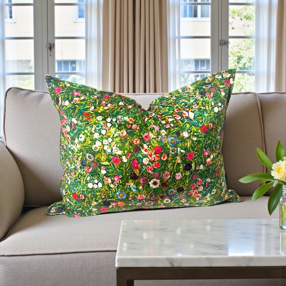 Klimt Italian Garden Velvet Pillow Cover: Handmade Floral Throw Cushion