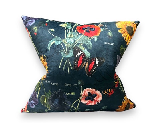 Luxurious Italian Velvet Pillow Cover with Poppy & Sunflower Design - Handmade Decorative Cushion