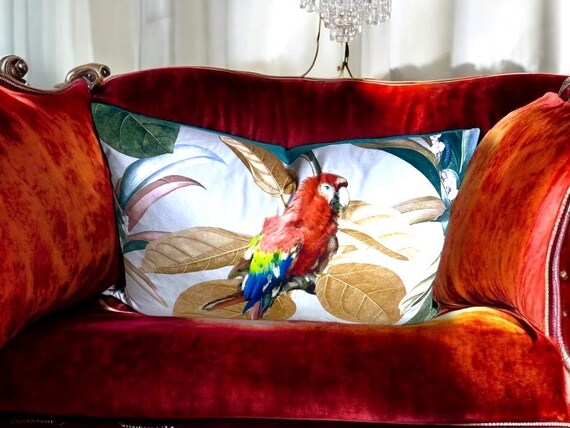 Tropical Parrot Velvet Pillow Cover: Handmade Exotic Jungle Decor (15x22)