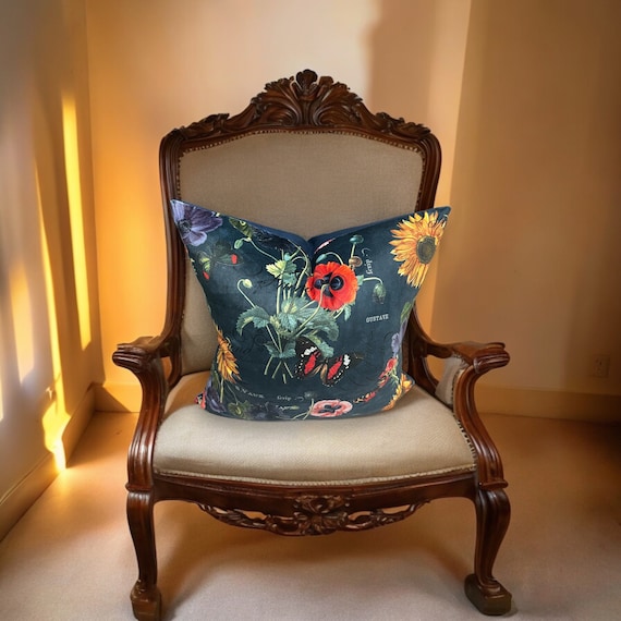 Luxurious Italian Velvet Pillow Cover with Poppy & Sunflower Design - Handmade Decorative Cushion
