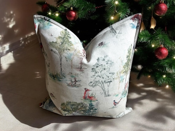 Luxury Designer Linen Pillow Cover: Deer Forest Scene with Scottish Tartan Backing - Handmade Home Decor