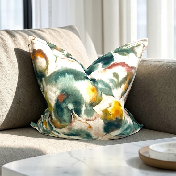 Luxury Handmade Casamance Melumbo Linen Statement Pillow Cover: Aquatic Floral Print, 24x24