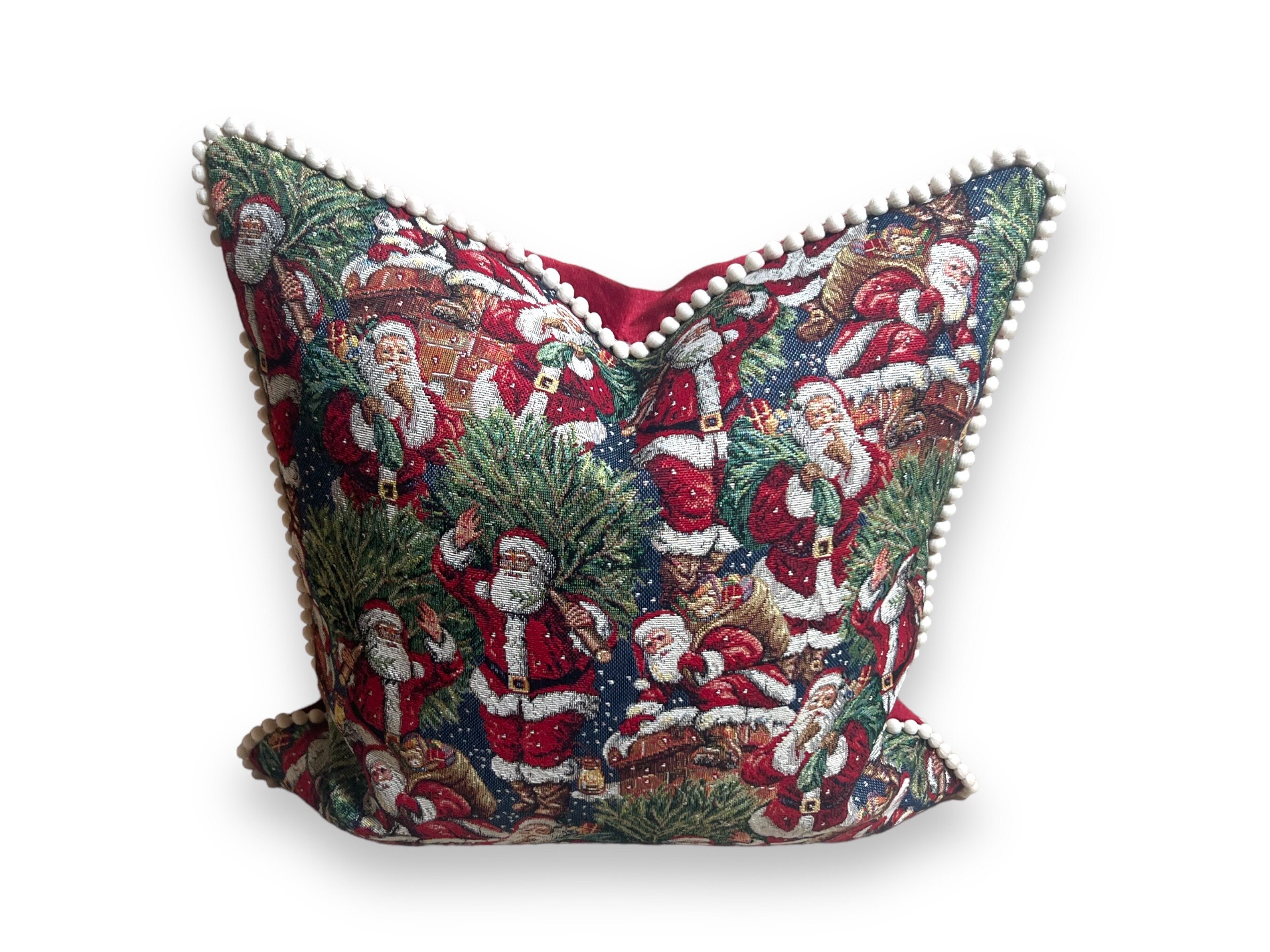 Luxury Christmas Velvet Santa Pillow Cover High End Designer Festive Tapestry Pillow Pom Pom cushion Glamorous Handmade Holiday Decor