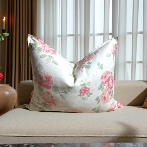 Luxury Handmade Valentine Floral Cushion Cover – Laura Ashley Albertine Blush Cotton Linen Pillow