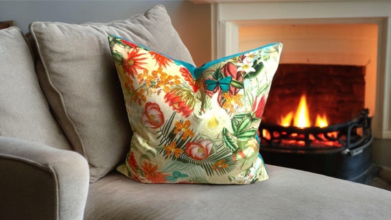 Luxurious Italian Velvet Tropical Floral Butterfly Pillow Cover - Handmade Designer Home Decor Cushion