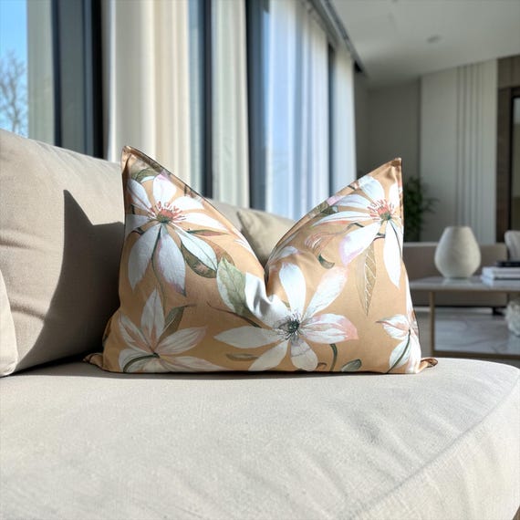 Luxury Floral Lumbar Pillow Cover: Olivia Beige Botanical Pure Cotton Cushion 16x26