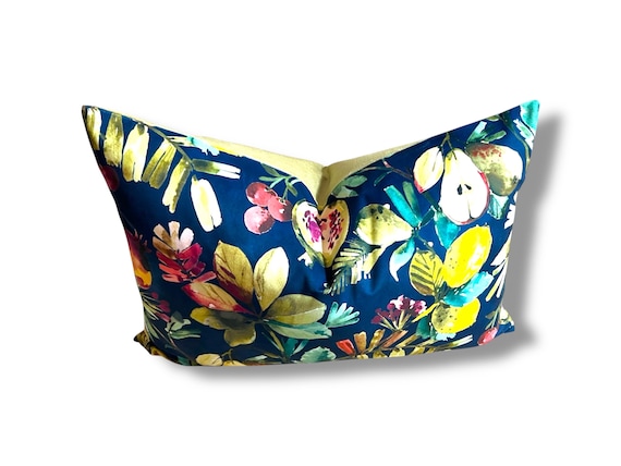 Luxury Clarke and Clarke  Fruta Midnigh Velvet Pillow Cover – Handmade Designer Cushion , Italian Olive Velvet Back, Citrus Trend,  18 x26 “