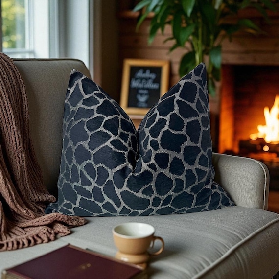 Luxury Handmade Chenille Pillow Cover Porter & Stone Black Animal Spots on Silver