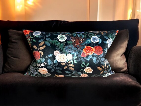 Luxury  Designer Velvet in Bengal Rose Gardenti in Fierce Pillow Cover - Decorative cushion- Handmade pillow- Lumbar 17x28 inches decor