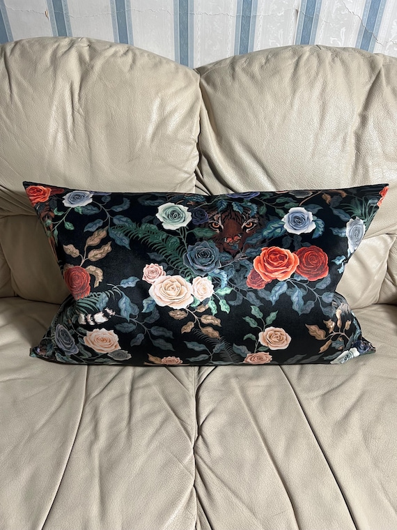 Handmade Bengal Tiger Velvet Lumbar Pillow Cover: Floral Jungle Decor