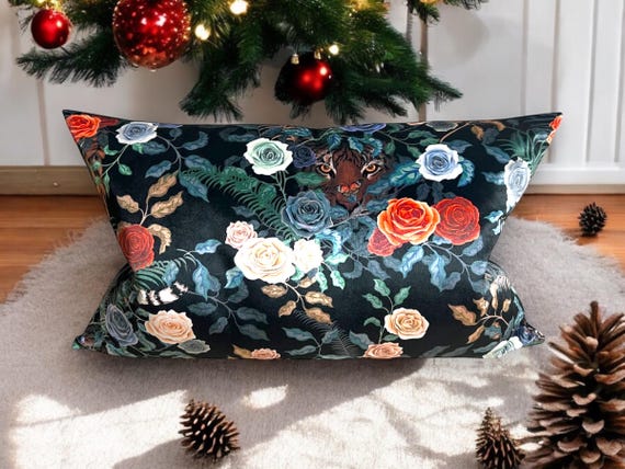 Handmade Bengal Tiger Velvet Lumbar Pillow Cover: Floral Jungle Decor