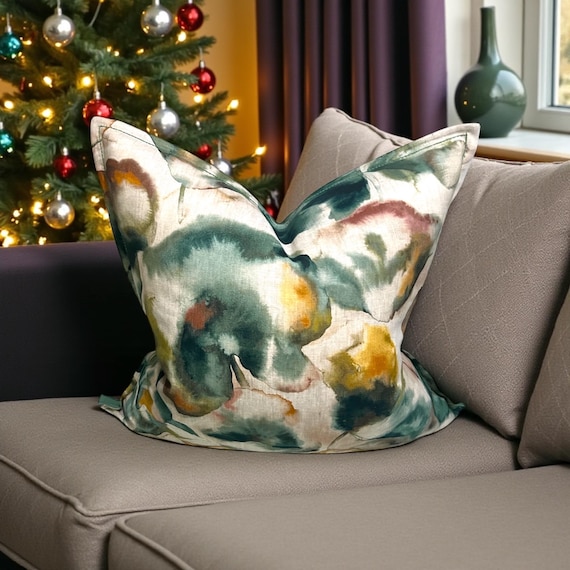 Handmade Casamance Melumbo Linen Pillow Cover: Aquatic Floral Print, 24x24