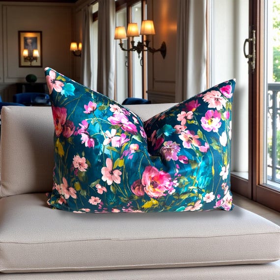 Luxury Handmade Floral Velvet Pillow Cover - Clarke&Clarke Kingfisher Design