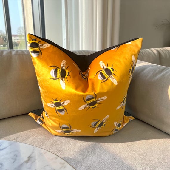 Luxury Handmade Italian Velvet Pillow Cover: Gold Yellow Bees Design