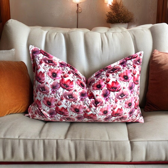 Handmade Velvet Pillow Cover: Pink Floral Designer Cushion (18x26 inches)