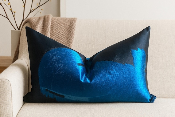 Luxury Italian 100% Silk Pillow Cover in black and blue - High End pillow- Handmade Throw cushion- Interior Decorative