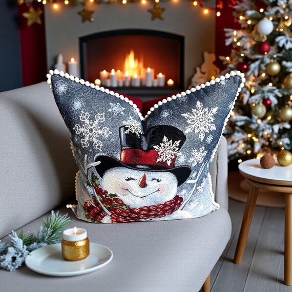 Luxury Christmas Snowman Tapestry Pillow Cover • Ruby Velvet Back, Pom Pom Trim