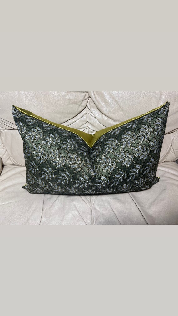 Luxury  Designer French Jaguar Pillow cover in Green with Lurex Bay Leaves , handmade Interior Decorative,High End Designed pillow