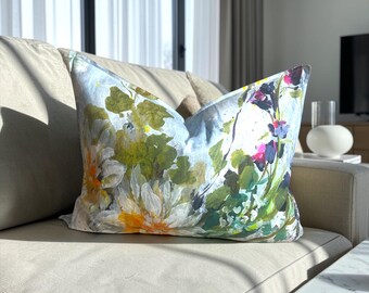 Funda de almohada de lino floral de alta gama hecha a mano: Designers Guild Aubriet Fuchsia, 19 x 26 cuadrada