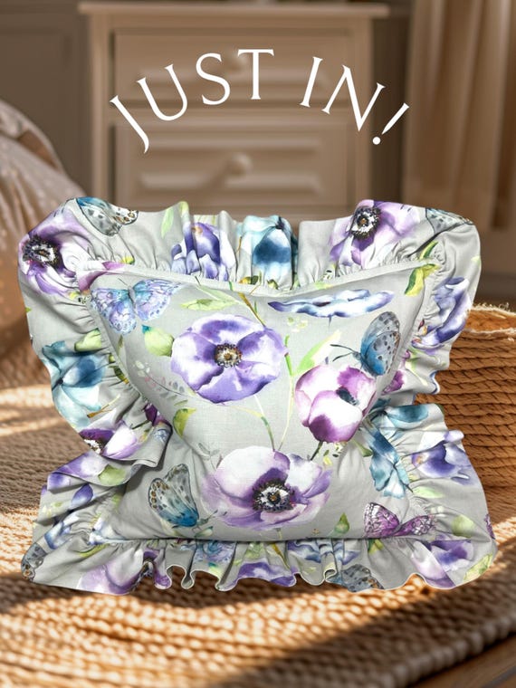 Handmade Ruffled Cotton Pillow Cover: Purple Poppy & Butterfly, Shabby Chic 20x20