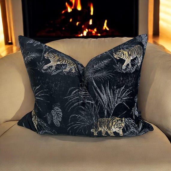 Luxury HighEnd Designer Porter and Stone  Bengal  Tigers Noir Velvet Handmade Cusion Cover Designed Interior Decorative