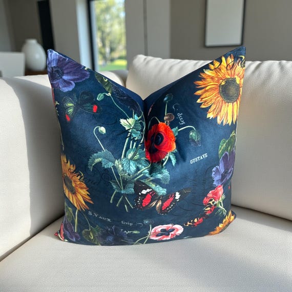 Luxurious Italian Velvet Pillow Cover with Poppy & Sunflower Design - Handmade Decorative Cushion