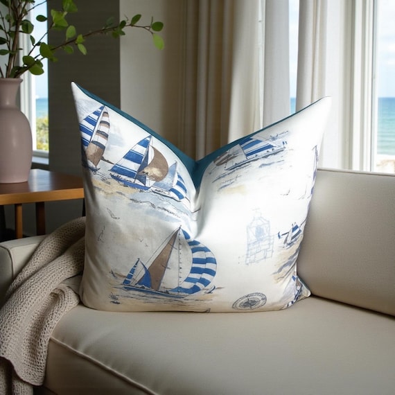 Handmade Nautical Pillow Cover 18x20” – Clarke & Clarke Cotton, Kingfisher Velvet