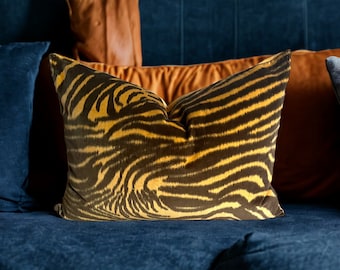 Luxury Zebra Velvet Pillow Cover – Harlequin EQUIDAE in Onyx Amber | Designer Animal Print Cushion | Gold Velvet Back | Handmade Decor
