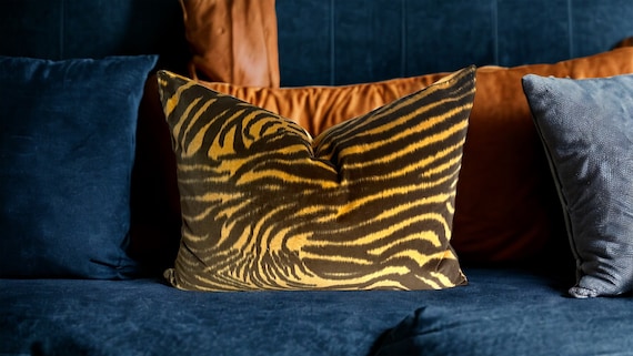 Luxury Zebra Velvet Pillow Cover – Harlequin EQUIDAE in Onyx Amber | Designer Animal Print Cushion | Gold Velvet Back | Handmade Decor