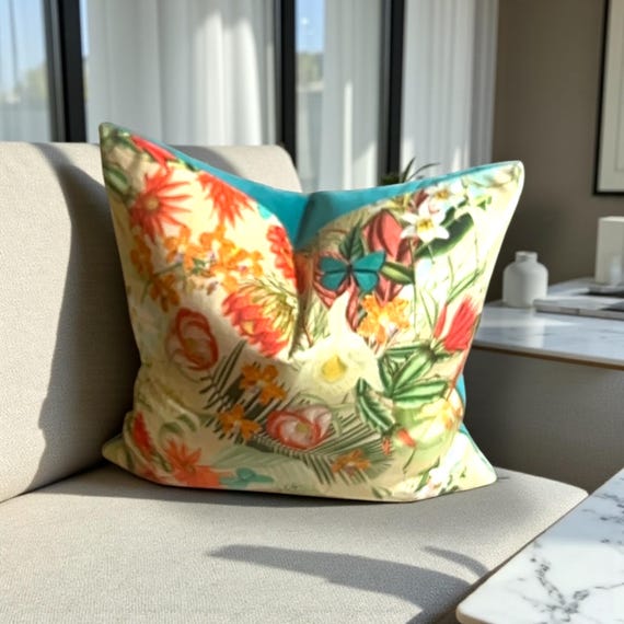 Luxurious Italian Velvet Tropical Floral Butterfly Pillow Cover - Handmade Designer Home Decor Cushion