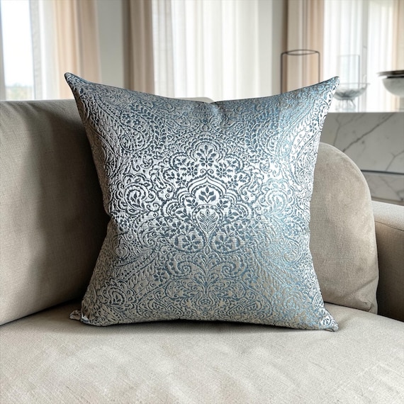 Luxury Silver-Blue Damask & Grey Velvet Pillow Cover: 18x18 Elegant Cushion