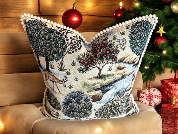Luxury Christmas Tapestry Pillow Cover with Velvet Backing & Pom Pom Trim – Festive Deer and Tree Design Cushion Cover for Holiday Decor