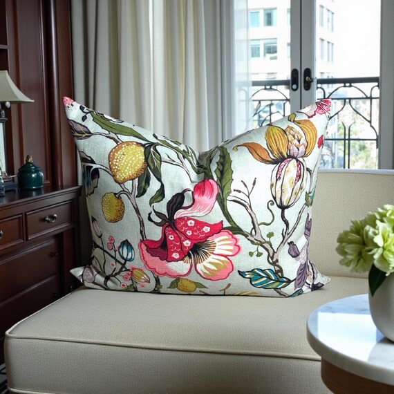 Luxury Handmade Fabricut Euphorbia Linen Pillow Cover: Floral Decorative Pillow