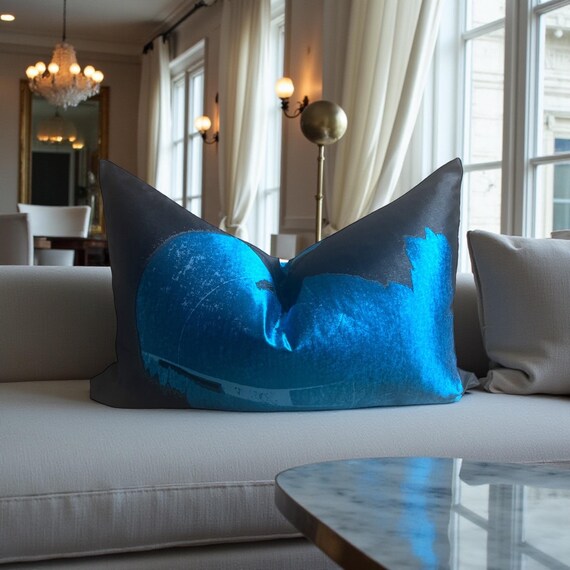 Statement Handmade Italian Silk Lumbar Pillow Cover, Abstract Blue Black Art