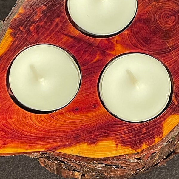 Chinese Juniper Log Tealight Candleholder with bark / Dimensions- 6” round by 5” tall