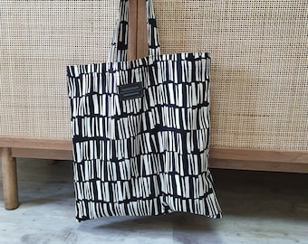 Cotton fabric bag made of a high-quality fabric with a beautiful motif, shopping bag, black and white