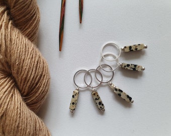 Stitch marker set of 5, natural stone bead tube, beige black