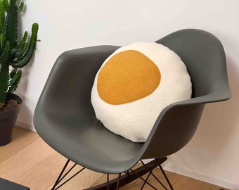 ABNEHMBARES rundes Kissen, handgefertigt in Frankreich, RECYCELTE gekochte Wolle in Weiß, Schwarz, Currygelb, 40 cm Durchmesser, Innenseite aus Polyesterfaser