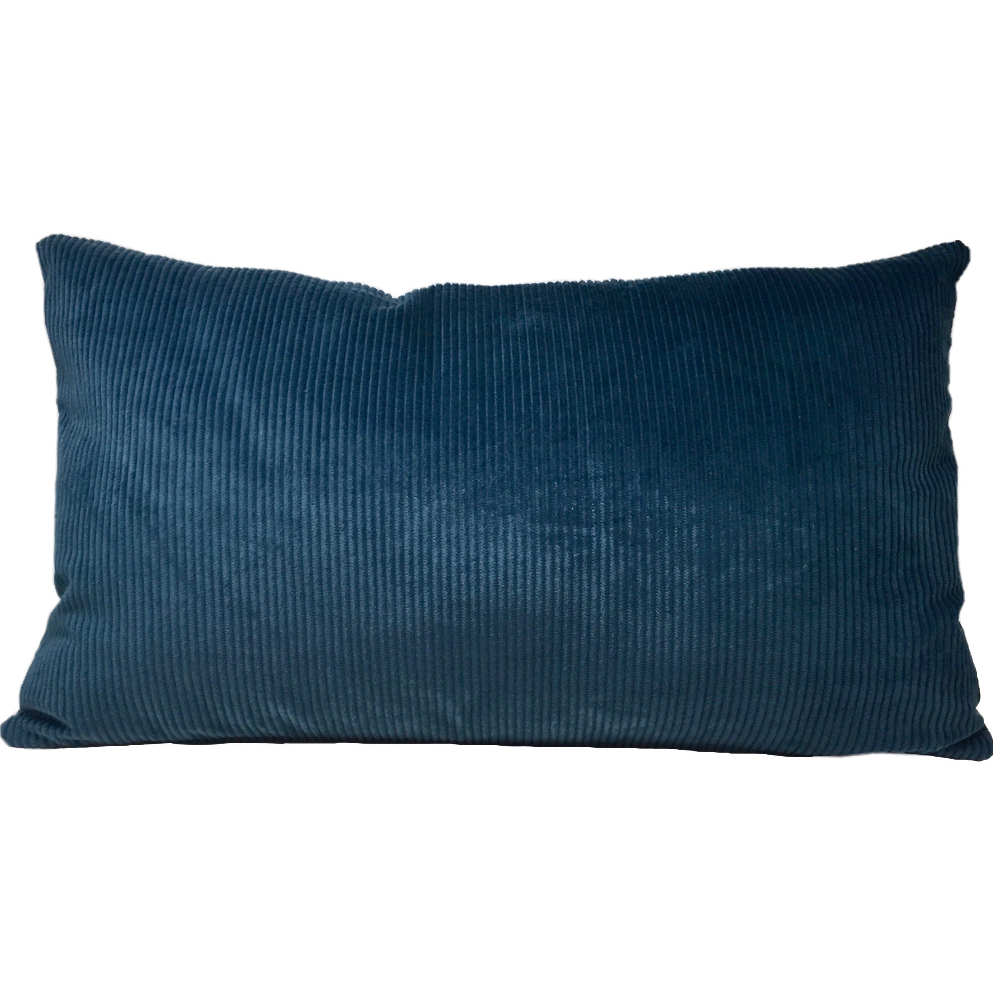 Housse de Coussin Rectangulaire 65x40 cm en Velours Côtelé Grosses Côtes Bleu Canard avec Fermeture 