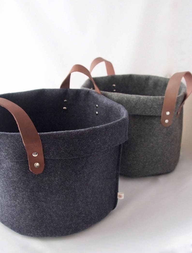 Dark grey felt basket leather handles with rivets Etsy