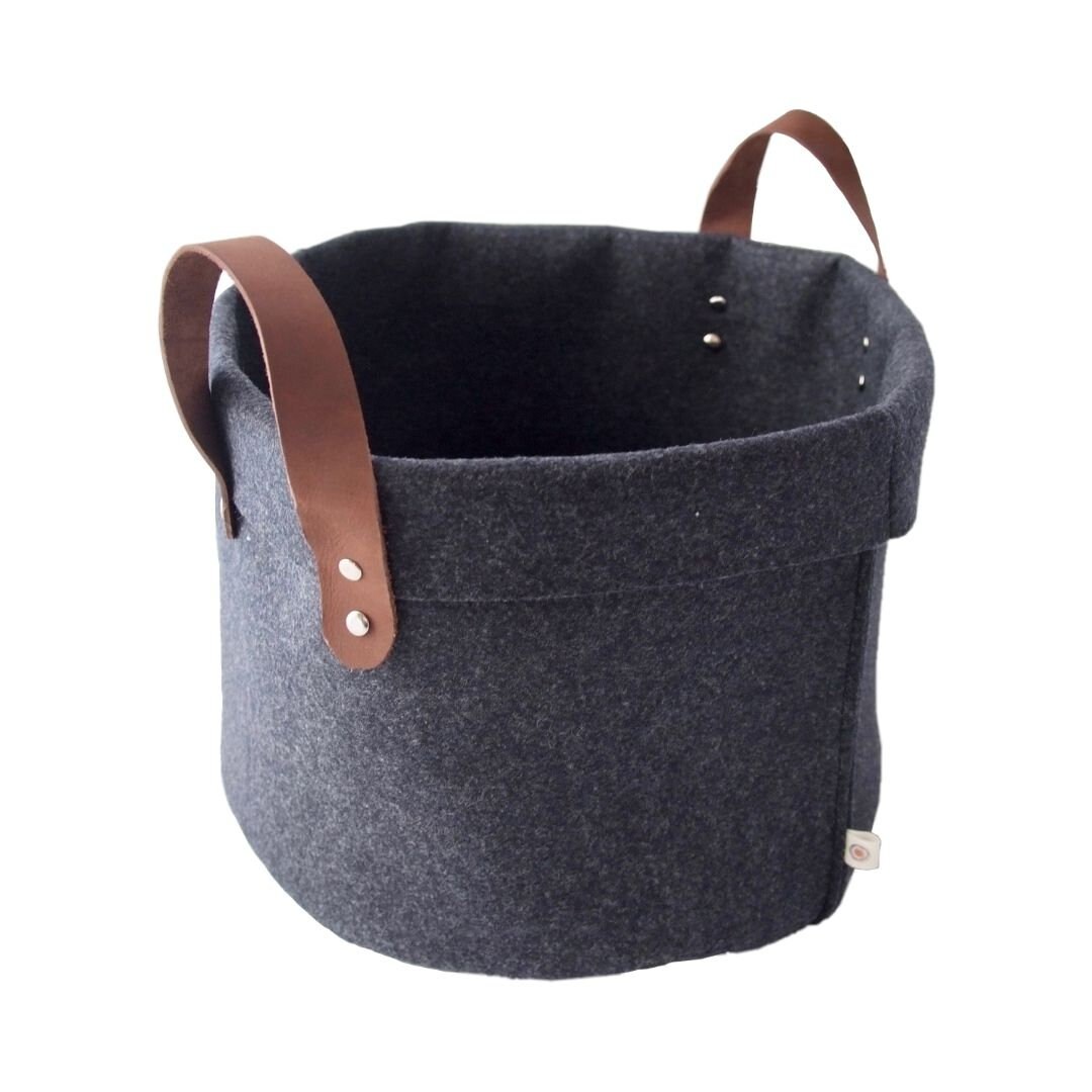 Corbeille en Feutre Gris Foncé Anses Cuir avec Rivets 25 X 30 cm