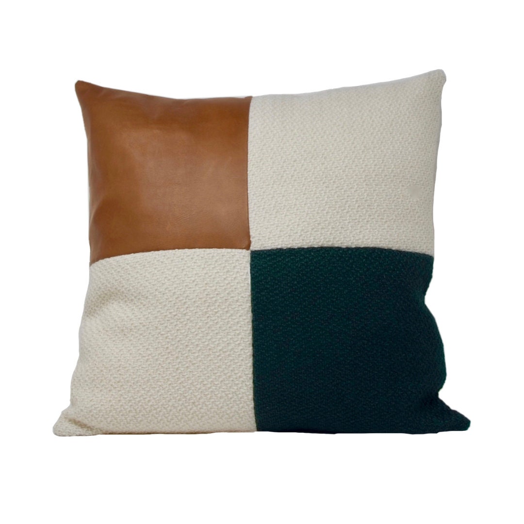 Housse de Coussin Carré 50 X Cuir Cognac Laine Blanc et Vert Minimaliste Graphique Style Mid-Century