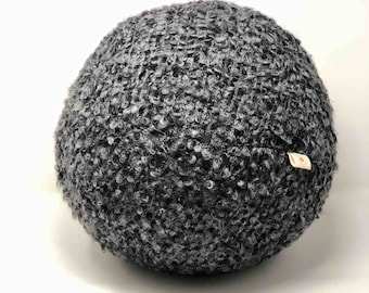 Handmade ball cushion in France in gray terry wool 35cm in diameter padded with recycled polyester filling