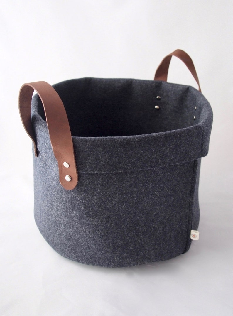 Dark grey felt basket leather handles with rivets Etsy