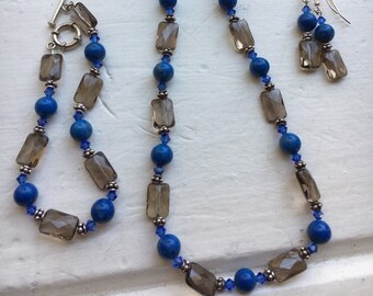 Lapis howlite, smoky quartz, Swarovski crystal, sterling silver set of necklace, bracelet & drop earrings