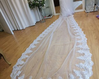 Ready To Ship  Corded Lace  embellished White Bridal Veil l single tier wedding veil