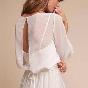 BRENDA Bridal Chiffon Top Minimal  sheer chiffon top with long sleeves.