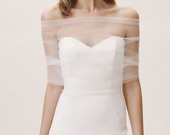 LORETTA  Pleated Tulle Off-the-Shoulder Wrap Wedding Cape Showl