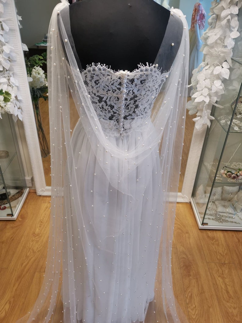 ADELINE pearl embellished Bridal caplet Bridal cover up separates Wedding wrap removable train Wedding Detachable Long Shawl image 2